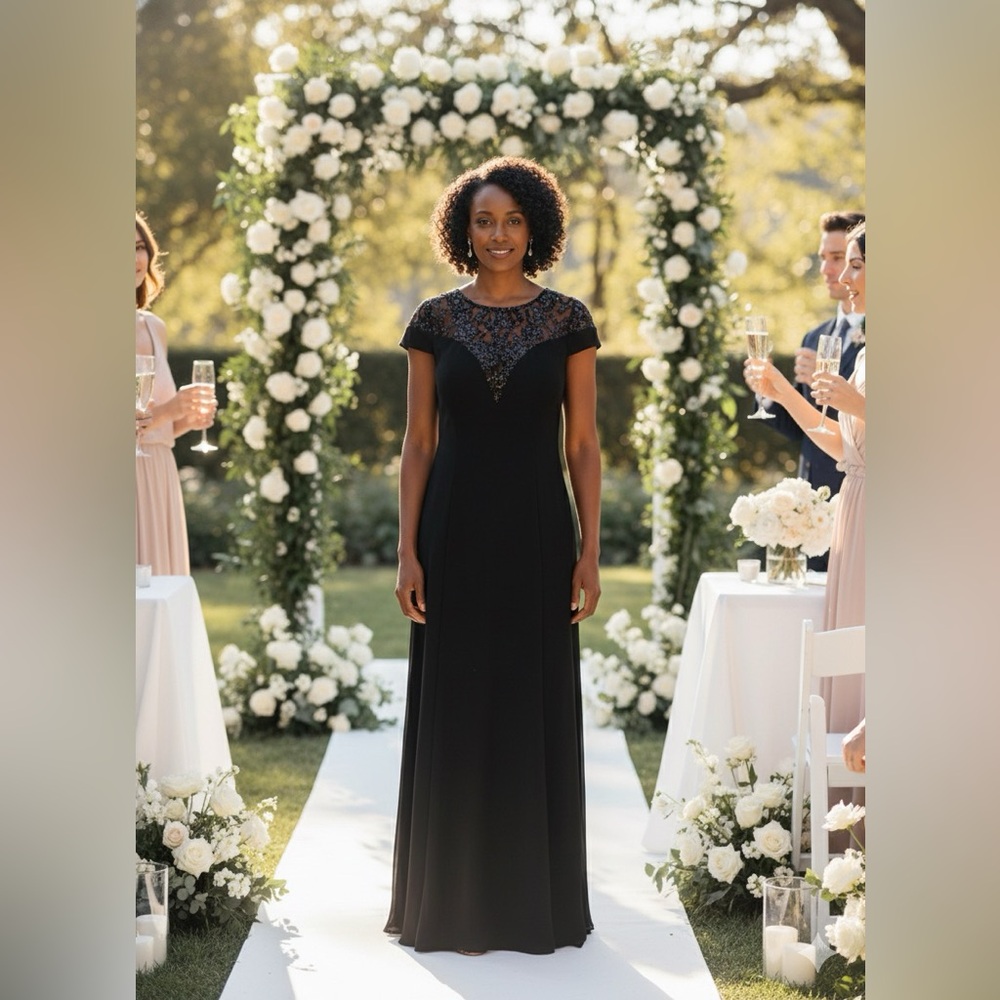 Adrianna Papell Black Lace Elegant Gown.